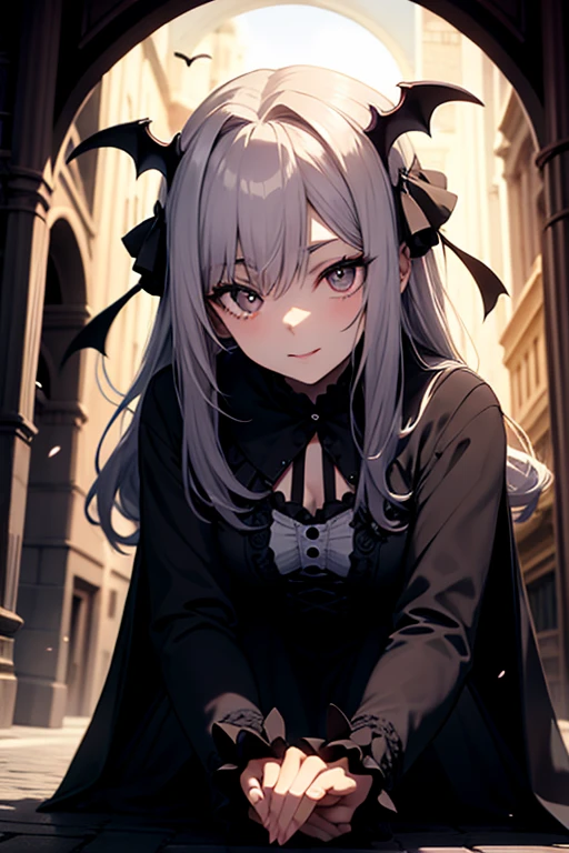 Moonlight shines on the ground，A female vampire wearing gothic lolita costume，，Eyes full of love and looking at you