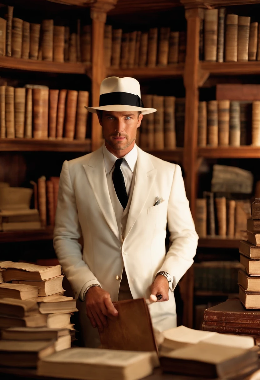 A photo of René perusing through rare books at a quaint bookstore,Raiders of the Lost Ark,René is a tall man, with blue eyes, short dark grey curly hair, wears white suits, wears a white fedora, famously portrayed by a young Paul Freeman, male