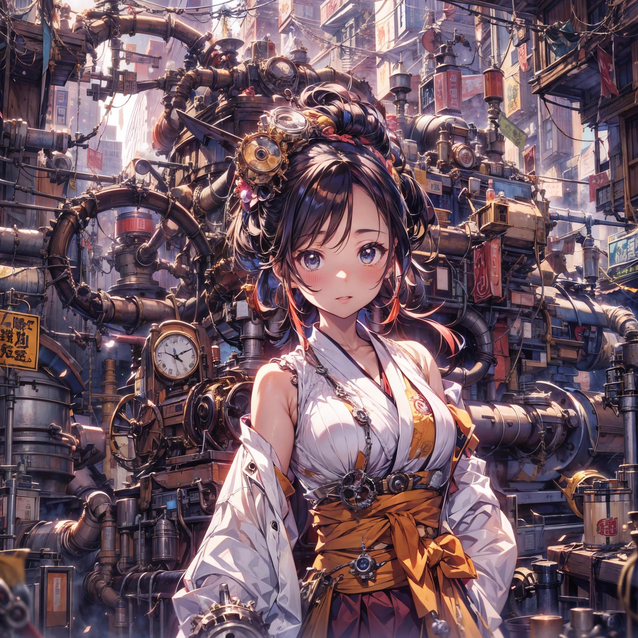 //Style Imagine a scene that combines the elegance of Taisho Romance with the intricate mechanics of steampunk aesthetics. BREAK //Character In the center stands a cute anime-style girl who embodies the spirit of a princess. Her behavior is like a ruler with sharp eyes, BREAK //Fashion Her clothes are as follows. A modern, colorful fusion of kimono and high-waisted hakama, it is embellished with intricate mechanical details that integrate gears, pistons, and cables. BREAK // Background The background shows a retro-futuristic Japan, with vintage buildings, cylinders, cranks, connecting rods, pumps, and meters, a tangle of pipes and cables all around her, and a muffler spewing white steam. It also enhances the strange and technological atmosphere of the scene.