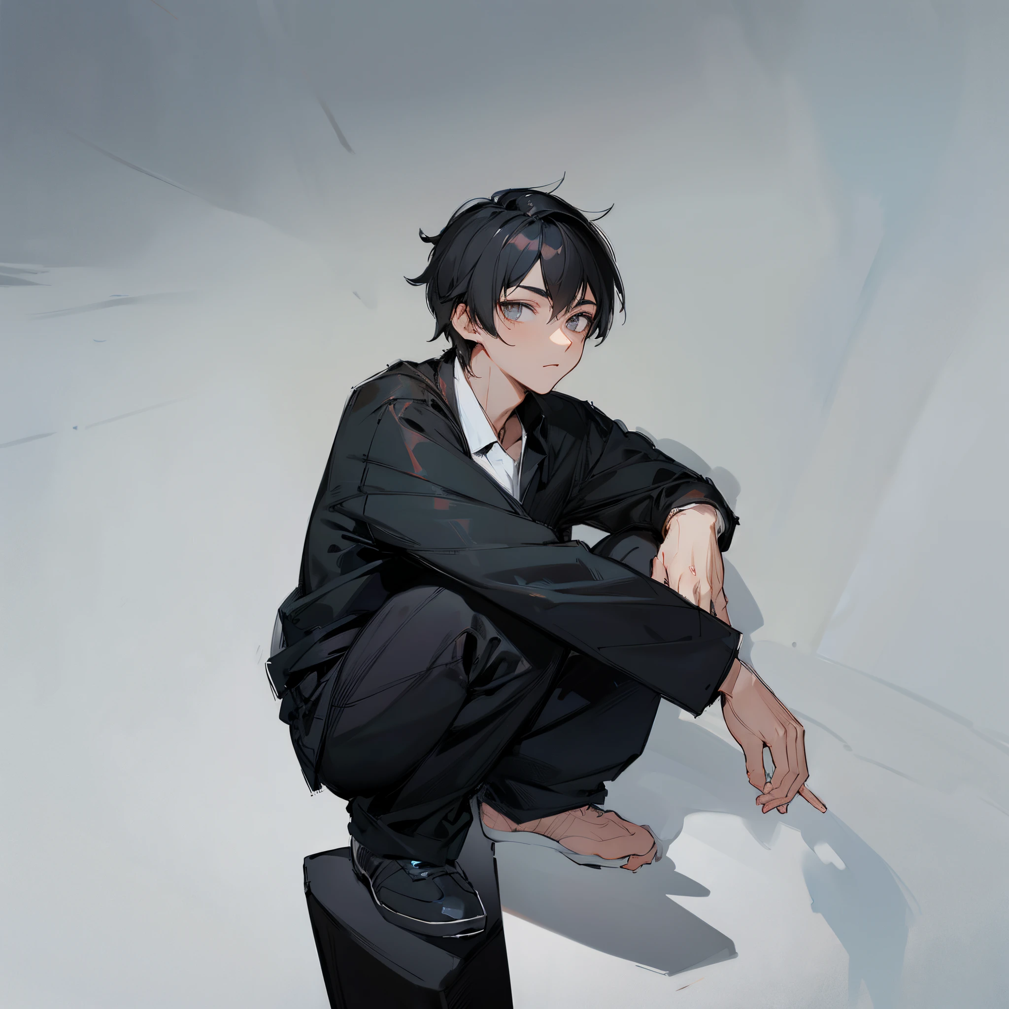 black hair boy, black shirt, black pants, best detail, White background,