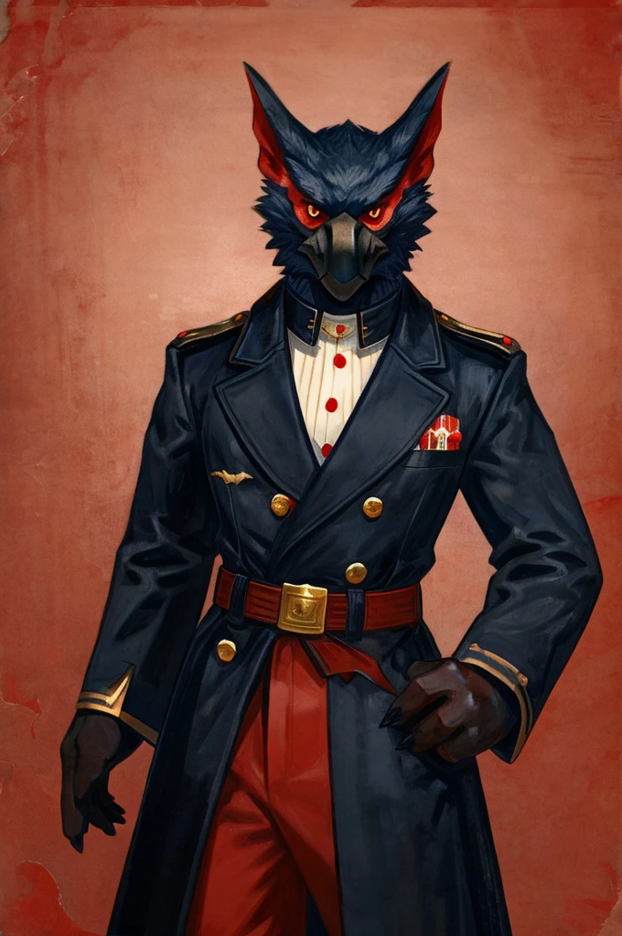 A Nargacuga as a German official posing for a portrait, black-red uniform, red fingerless leather gloves, clawed fingers, 1900s photograph, long coat, red outlining, padded fingers, golden-red belt,