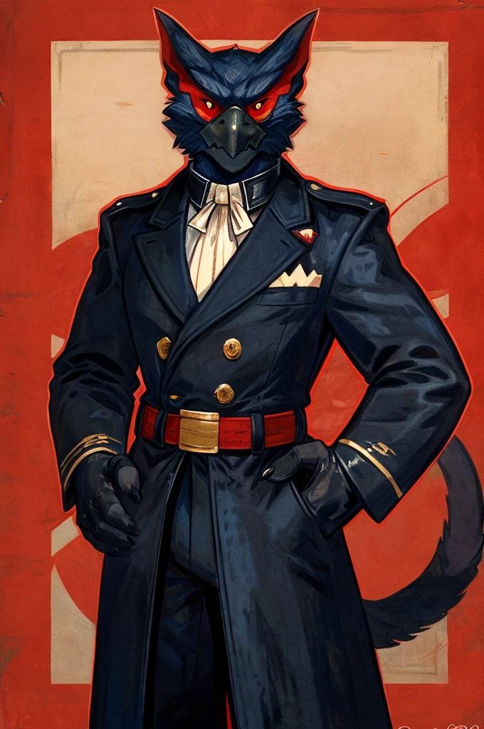A Nargacuga as a German official posing for a portrait, black-red uniform, red leather gloves, clawed fingers, 4 fingers, 1900s photograph, long coat, open coat, red outlining, padded fingers, golden-red belt,
