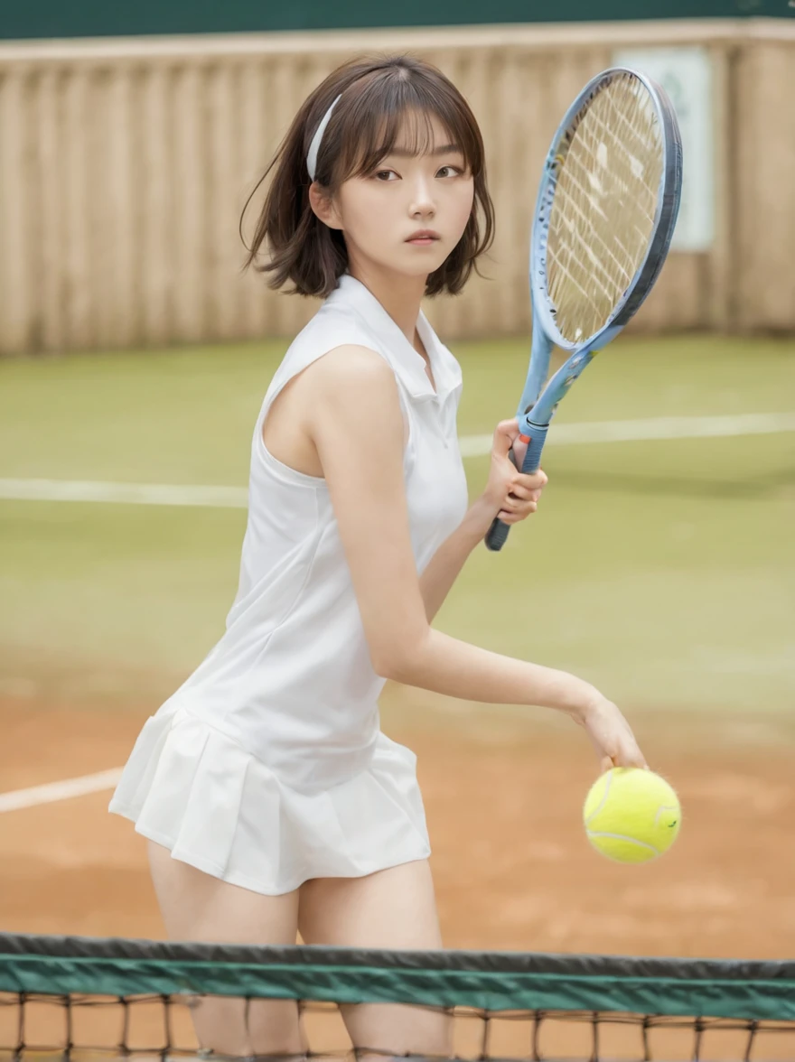 masterpiece, best quality, best detail, best proportion, best anatomy, best face, blush, best shaped breasts, (huge breasts), ((girls playing tennis):1.4), ((During a tennis match):1.2), (( japanese lowteen):1.3), ((half body shot):0.9), view from below, ((full nude):1.5), (nsfw:1.1) , cameltoe, sadly, tears, crying, (she is cumming now!), blush, (in a tennis court (background)), (pubic hair), very wet,