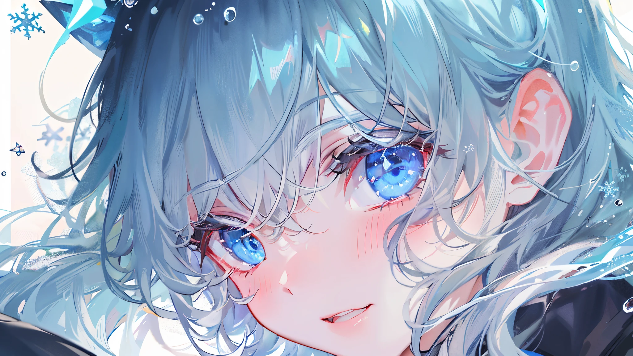 ((top-quality)), ((masterpiece)), ((ultra-detailliert)), (Extremely delicate and beautiful), girl with, 独奏, cold attitude,((Black jacket)),She is very(relax)with the(Settled down)Looks,A dark-haired, depth of fields,Evil smile,Bubble, under the water, Air bubble,bright light blue eyes,inner color with bright gray hair and light blue tips,,,,,,,,,,,,,,Cold background,Bob Hair - Linear Art, shortpants、knee high socks、White uniform like school uniform、Light blue ribbon ties、Clothes are sheer、Hands in pockets、Bright eyes like sapphire,Fronllesse Blue, A small blue light was floating、Upper Eyes、glass shards、Snowflake eyes、fantastic eyes