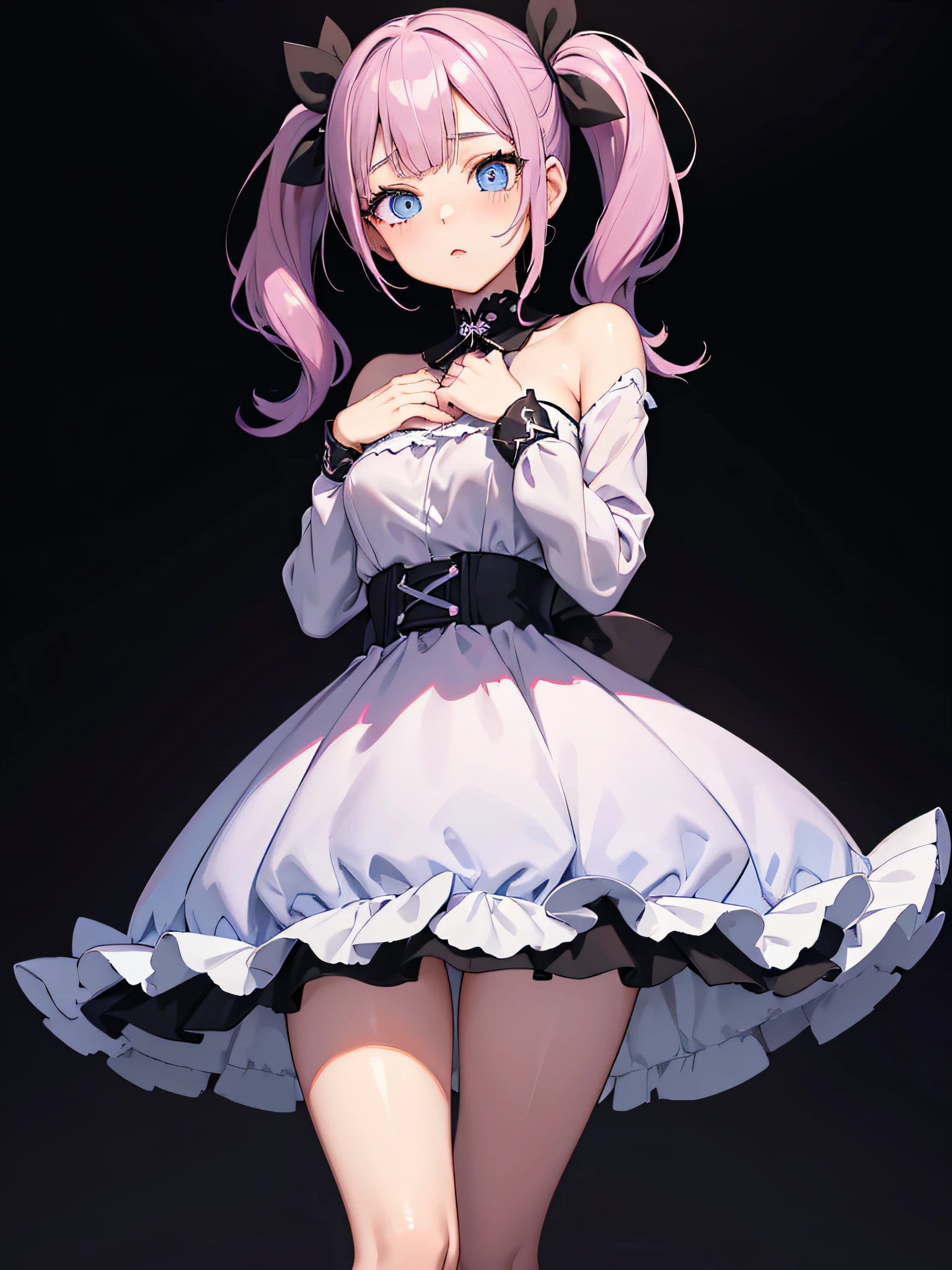 solid black background,softlighting,Cute Anime Girls,Beautiful and delicate light blue eyes,beautiful detailed lips,deep pink hair,double-ponytail,Extremely detailed eyes and face,sportrait,Long Sleeve Idol Two Piece Dress,dark color clothing style,Place your left hand on your chest,Lower your right hand,The head was slightly raised,naked leg