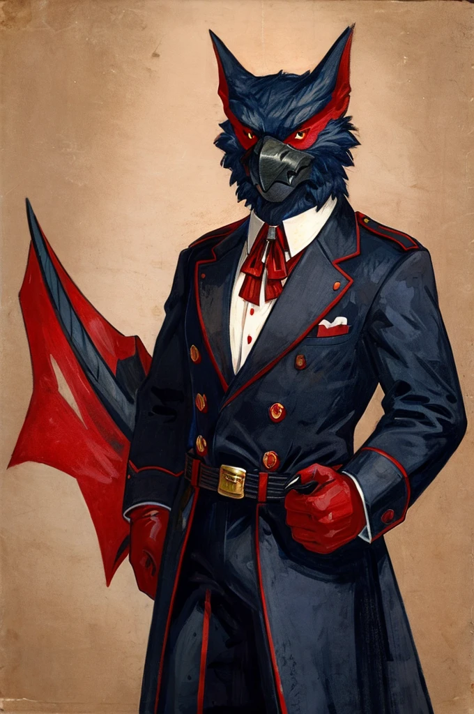 A Nargacuga as a German official posing for a portrait, black-red uniform, red leather gloves, clawed fingers, 1900s photograph, long coat, red outlining, padded fingers, golden-red belt,