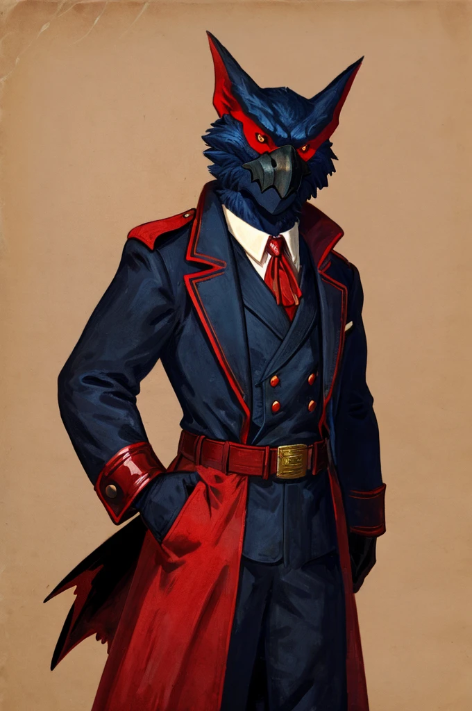 A Nargacuga as a German official posing for a portrait, black-red uniform, red leather gloves, clawed fingers, 1900s photograph, long coat, red outlining, padded fingers, golden-red belt,