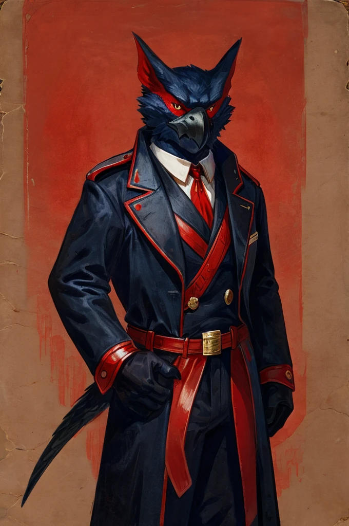 A Nargacuga as a German official posing for a portrait, black-red uniform, red leather gloves, clawed fingers, 1900s photograph, long coat, red outlining, padded fingers, golden-red belt,