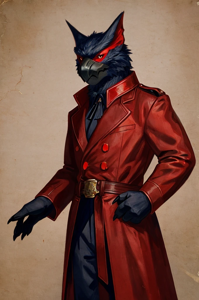 A Nargacuga as a German official posing for a portrait, black-red uniform, red leather gloves, clawed fingers, 1900s photograph, long coat, red outlining, padded fingers, golden-red belt,