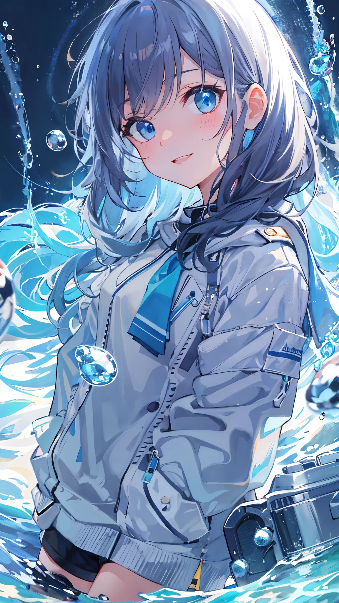 ((top-quality)), ((masterpiece)), ((ultra-detailliert)), (Extremely delicate and beautiful), girl with, 独奏, cold attitude,((Black jacket)),She is very(relax)with the(Settled down)Looks,depth of fields,Evil smile,Bubble, under the water, Air bubble,Underwater world bright light blue eyes,inner color with bright gray hair and light blue tips,,,,,,,,,,,,,,Cold background,Bob Hair - Linear Art, shortpants、knee high socks、White uniform like school uniform、Light blue ribbon ties、Clothes are sheer、Hands in pockets、Bright eyes like sapphire,Fronllesse Blue, A small blue light was floating、fantastic eyes、selfy,Self-shot