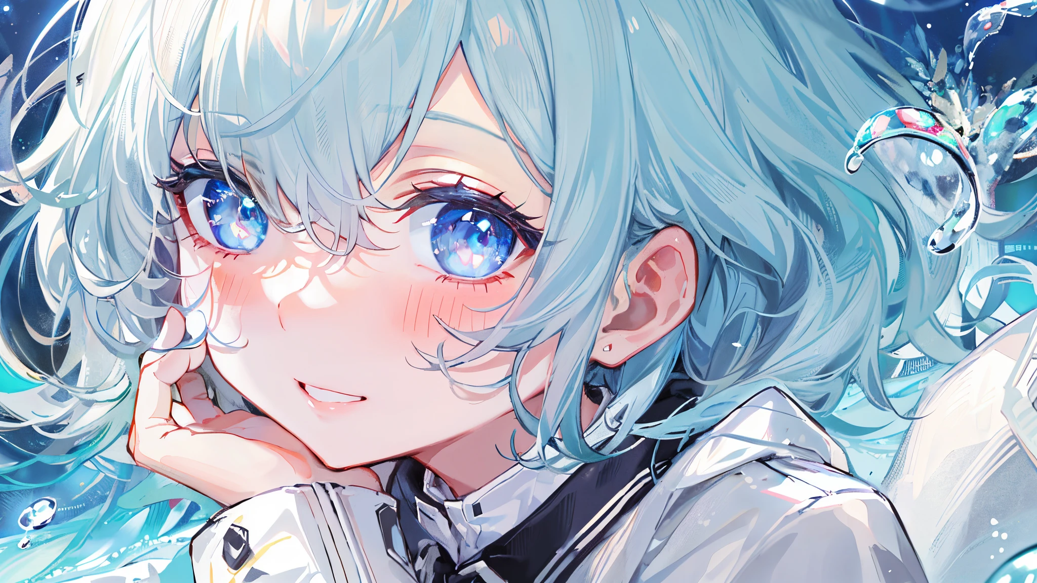 ((top-quality)), ((masterpiece)), ((ultra-detailliert)), (Extremely delicate and beautiful), girl with, 独奏, cold attitude,((Black jacket)),She is very(relax)with the(Settled down)Looks,A dark-haired, depth of fields,Evil smile,Bubble, under the water, Air bubble,bright light blue eyes,inner color with bright gray hair and light blue tips,,,,,,,,,,,,,,Cold background,Bob Hair - Linear Art, shortpants、knee high socks、White uniform like school uniform、Light blue ribbon ties、Clothes are sheer、Hands in pockets、Bright eyes like sapphire,Fronllesse Blue, A small blue light was floating、Upper Eyes、glass shards、Snowflake eyes、fantastic eyes