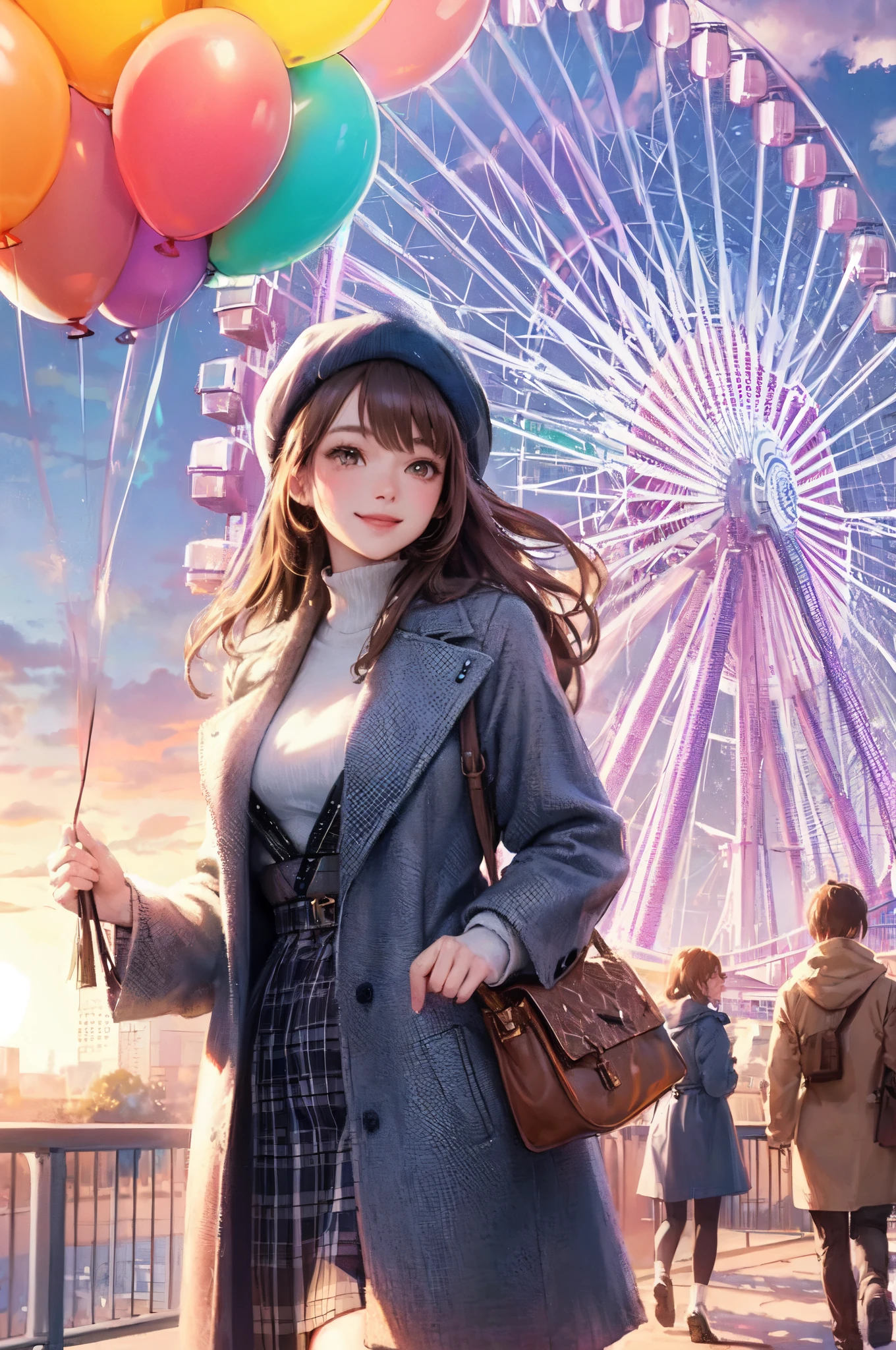 1lady solo, /(stylish outfit/), /(light brown hair/) bangs, happy smile, (eyes sparkling with excitement), (masterpiece best quality:1.2) delicate illustration ultra-detailed, large breasts BREAK (holding colorful balloons) BREAK (theme park:1.1) outdoors, giant Ferris wheel