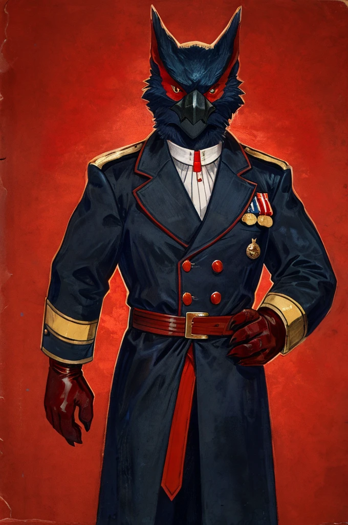A Nargacuga as a German official posing for a portrait, black-red uniform, red leather gloves, clawed fingers, 1900s photograph, long coat, red outlining, padded fingers, golden-red belt,