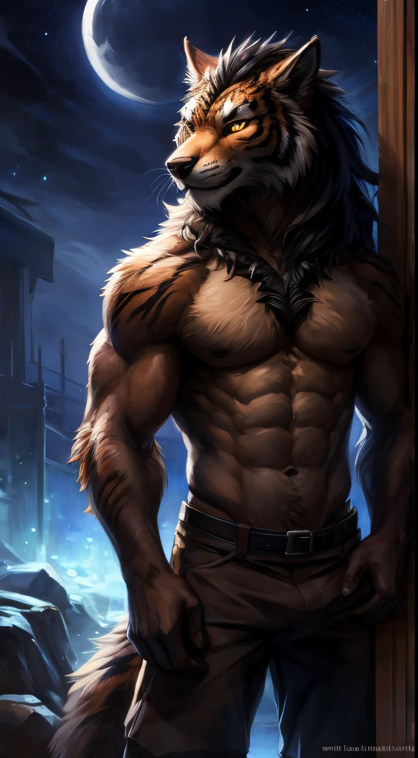 tiger male, full body covered in fluffy fur, , big muscular chest, volumetric abs, day, sensual, detailed, uploaded to e621, beautiful and detailed portrait of an anthropomorphic black werewolf (((male))) kenket, ross tran, ruan jia, uploaded to e621, zaush, foxovh, movie lighting, moon lights, glowing eyes, black fur, long dark mane of hair