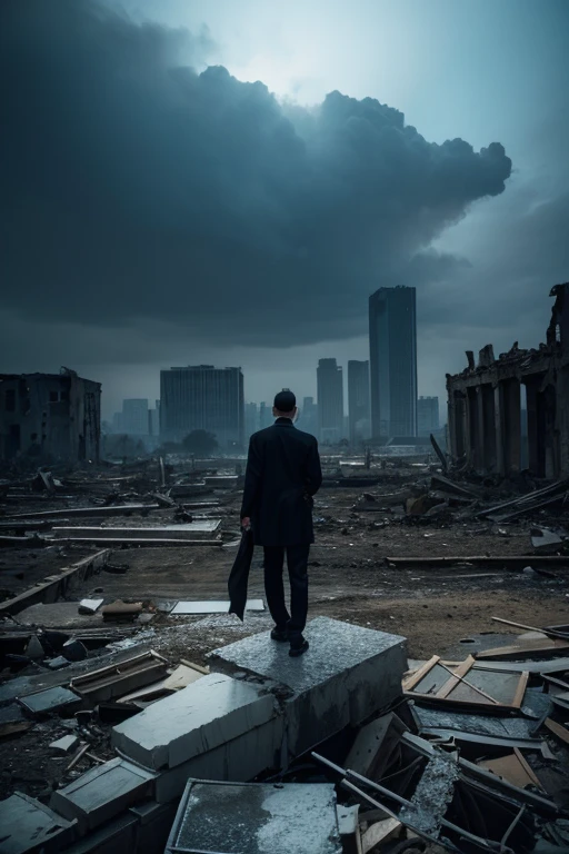 A horrified man on his knees ((in prayer)), surrounded by the consequences of a cataclysmic event in the entire city, ((fallen buildings)), a sense of desolation and despair permeating the scene, evoking the overwhelming anguish of man and the desolation of the environment, all destroyed to portray the man and the gloomy scenery, --AR 16:9 --V 5