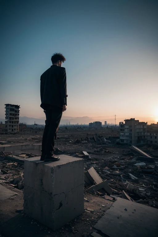 A man in black, Standing on a pile of building ruins, Arms spread wide, Desolate all around, in distance, Social realism