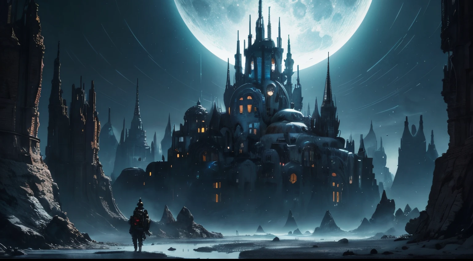 (hightquality、in 8K、Ulutra HD, distant starlight,)、Dark Fantasy, The fantastic scenery, highly detailed landscape, Moonlight, Alien City、The Future of Science Fiction, dark art, Dystopian atmosphere, Mechanical and retro world, land like cappadocia, light from building windows, Strange architecture and streets inspired by Antonio Gaudi, dark sky, Overcast sky, grey sky,　art by：Alberto Seveso、Abstract art style、intricate and detailed watercolor painting、Digital Painting、concept-art、Stereoscopic lighting、 TanvirTamim、metal reflective、2d render、Art Germ、ArtStat Trends