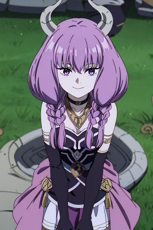 Aura the Guillotine, Long hair, (Purple eyes:1.1), Purple hair, braid, Horns, Twin braids, Skirt, thighs thighs thighs thighs, gloves, Choker, Black Gloves, elbow groves, 1girl in, Solo, Upper body, face to the viewer, Looking at Viewer, Smile,