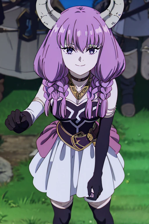 Aura the Guillotine, Long hair, (Purple eyes:1.1), Purple hair, braid, Horns, Twin braids, Skirt, thighs thighs thighs thighs, gloves, Choker, Black Gloves, elbow groves, 1girl in, Solo, Upper body, face to the viewer, Looking at Viewer, Smile,