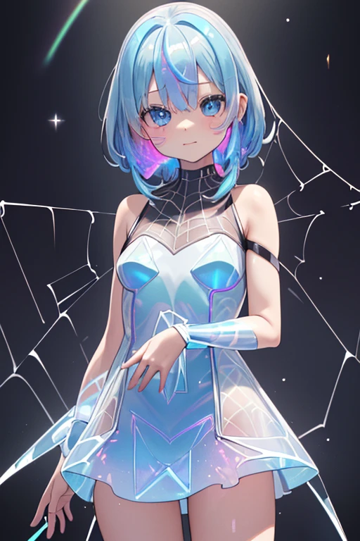 ((​masterpiece、top-quality:1.5、a high chroma:1.5、ultra-detailliert、high-resolution illustrations:1.5、Ultra-high-definition CG、8k size wallpaper、offcial art))、,(cute face:1.5)、(clear face:1.3),((chromatic abberation)),
 ((Shining eyes))、(Transparent colored PVC Design dress :1.5),((prisma, Holographic:1.5)),(),(Standing:1.5), (small breasts:1.3)、
,(positive:1.5),(cowboy shot:1.5)、(The background is a double helix structure of spider リコリス and galaxies.:1.5)、girl with,  masutepiece,
