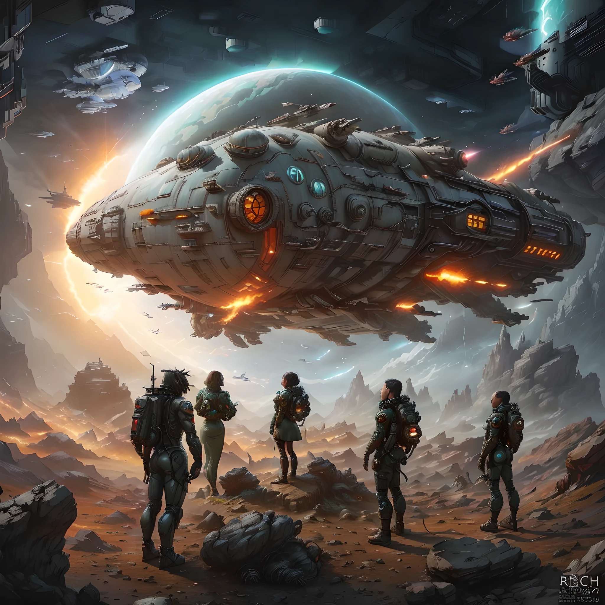 a group of people, standing in front of a spaceship in a rocky area, Award-winning sci-fi art, epic fantasy sci fi illustration, detailed sci-fi art, Sci-fi works of art, sci-fi fantasy art, A sci-fi work of art, Sci-fi works of art, Epic sci-fi fantasy art, Dark sci-fi art, scifi art, sci-fi digital art illustration