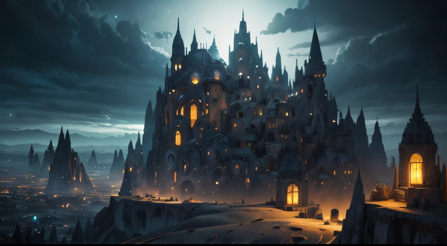 (hightquality、in 8K、Ulutra HD, distant starlight,)、Dark Fantasy, The fantastic scenery, highly detailed landscape, Moonlight, Alien City、The Future of Science Fiction, dark art, Dystopian atmosphere, Mechanical and retro world, land like cappadocia, light from building windows, Strange architecture and streets inspired by Antonio Gaudi, dark sky, Overcast sky, grey sky, art by:Alberto Seveso、Abstract art style、intricate and detailed watercolor painting、Digital Painting、concept-art、Stereoscopic lighting、 TanvirTamim、metal reflective、2d render、Art Germ、ArtStat Trends