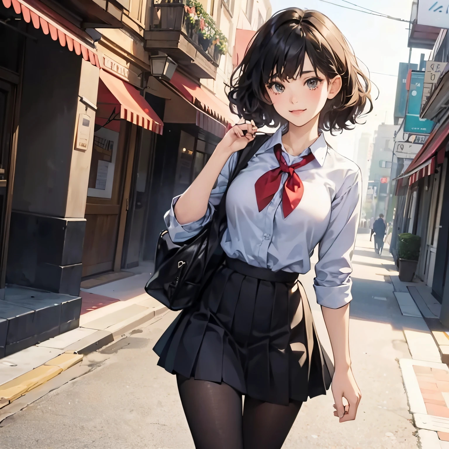 1girl in, walking with a camera in both hands.,Idol-class cuteness,curly short hair,A dark-haired,ssmile,Slender but big breasts,tre anatomically correct,Hold the camera with precise fingers,student clothes,Pleated miniskirt,Black tights,photorealisim,​masterpiece,hiquality,In the winter park,