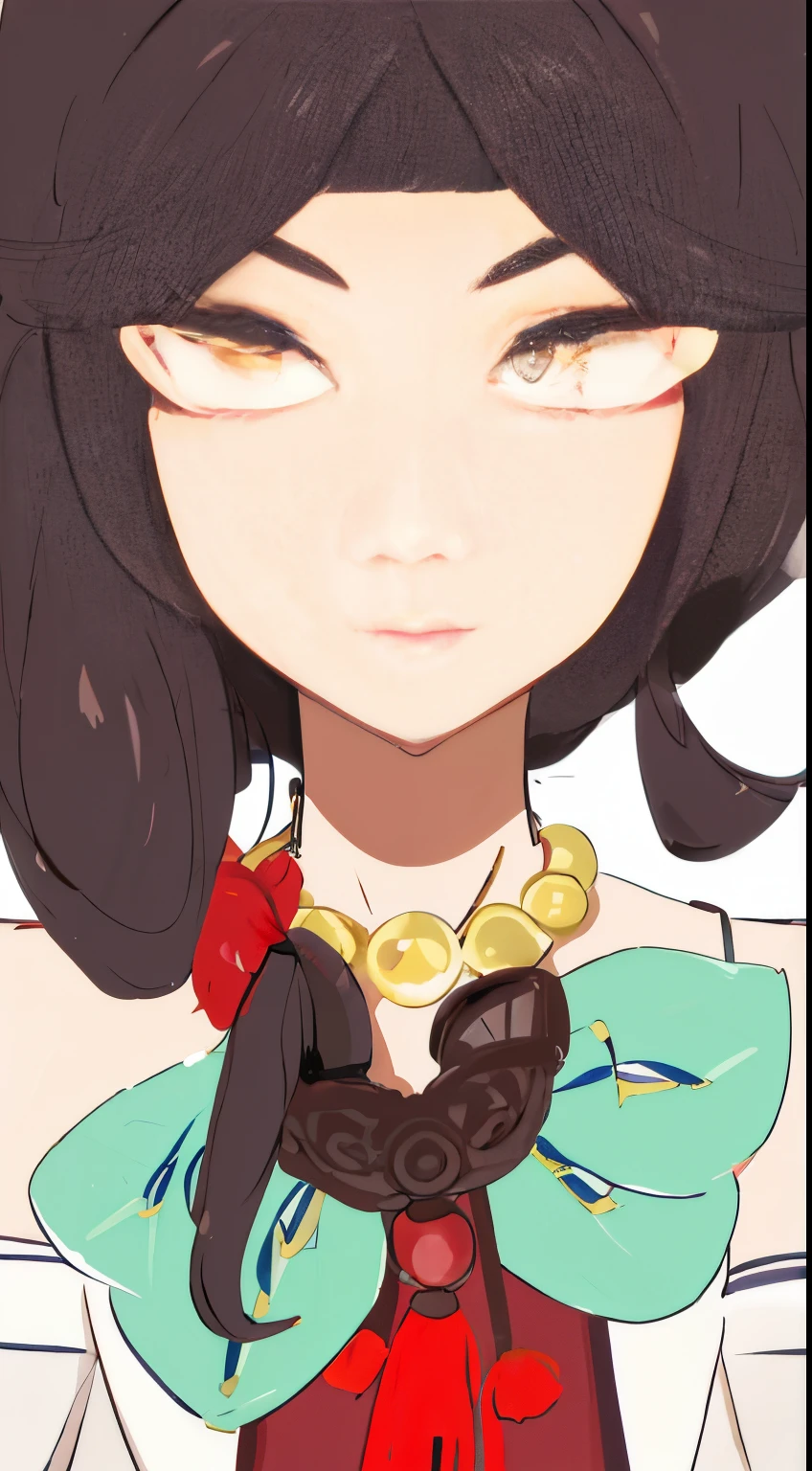 Ancient Chinese women,magnolias,There is a blue bow on the chest!,Chinese-style figures,Brown hair,yellow eyes,Jewelry necklace around the neck,There is also an ancient Chinese style skirt.、Red dress、Cartoon Girl, & Her expression was serious, nefarious smirk, Flat anime style shadow character art closeup, Close-up bust shot, Close-up of people, close up character,!