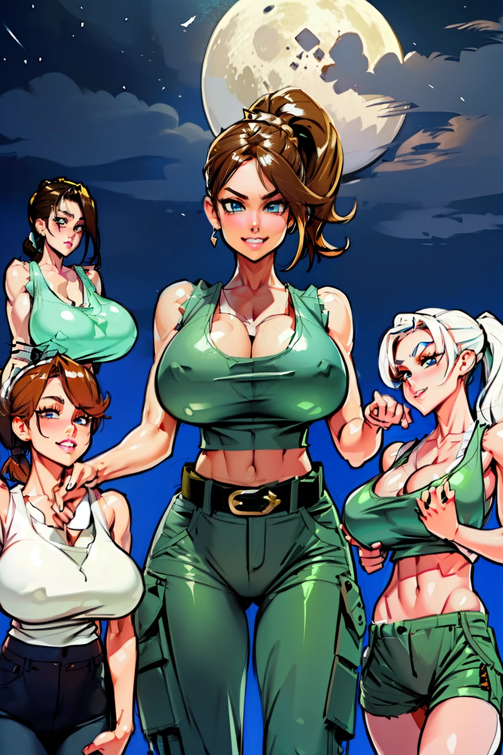 ((waifu goddess)), multiple Waifu, mothers gathered , smiling, milfs, masterpiece, curvy, breasts, moon, full moon, gloves, multiple girl, clenched teeth, cleavage, large breasts, teeth, maroon hair, brown hair, grey hair, ((white tank top:1.6)), blue eyes, rating:explicit,rule34, hardcore, tits,(( high ponytail:1.4)), clenched hands, night, sky, ((brown cargo pants:1.4)),(white skin:1.4), bare shoulders, blue hair, clenched hand, rating:questionable, (((multiple  characters:1.5))), belt, solo, angry, lip biting(gigantic and massive tits:1.1), breasts, official illustration, illustration, detailed face, beautiful intricate eyes, curvy milf, 1:2), closeup, titsnipples