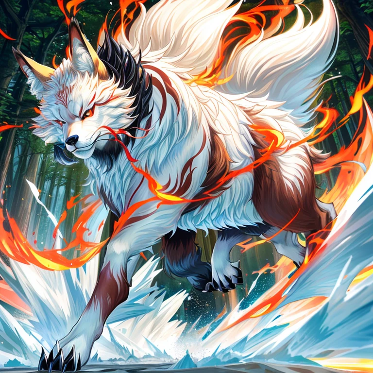 Fox、Nine Tails、fluffy fur、Delicate fur、red eyes、Glaring eyes、Dynamism、Running through the forest、tattoo-like pattern、quadrupedal walking、Tiere、Not a person