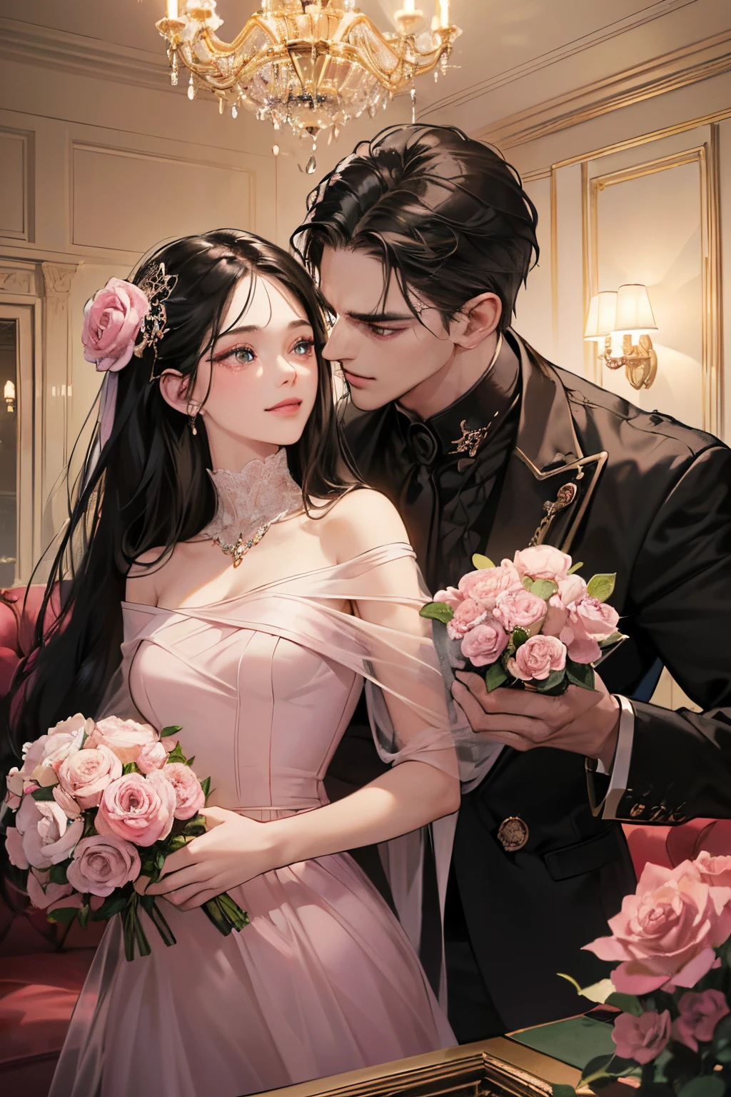 (masutepiece, Digital Art, Digital Illustration, 4K, 8K, Ultra-detailed, beautiful image, Sharp Image, Photorealistic, Raw photo, Perfect face, Perfect lines, Perfect eyes, Soft lighting) 1 woman, (Long Black Hair,straight haired,Bullish gaze,Beautie,ellegance,Mode system,onepiece、Solid makeup,23 y-o woman,small tits:1.3),Two handsome men in suits, (ember,Men in suits,well-muscled,Firm shoulder width,Adult male,Boyish hairstyle,English gentlemanly style,Man in his 30s with a cool expression,28-year-old man with bright smile:1.2),Antique furnishings,Antique Clamps,Antique chair,chandeliers,Crystal Glass,Luxury,fantastical light,Marble fireplace,(embarrassed from,Shy smile,Bouquet of pink roses:1.2),Antique sofa,Leather sofa,Crying face,Crying in frustration,Beautiful tears、the kiss、kiss、a couple、couple kissing、Romance、ssex、have sex、