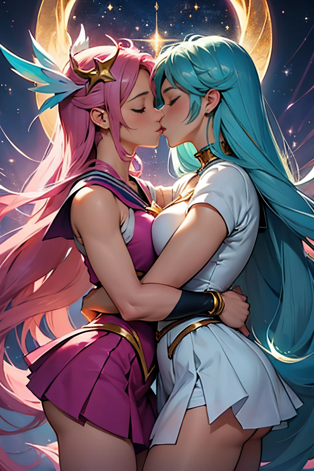 An image of four heavenly magical girls, estilo star guardians, muito lindas, muito bonitas, muito atraentes, como cabelos bonitos e coloridos, rostos detalhados e perfeitos, Detailed and perfect hands, roupas coloridas e bonitas, Artstation Trend, esquema de cores legal, semi-realismo, em uma escola japonesa a noite cercada por monstros, magical girl clothes, magical girl clothes in puella magica style, sailor moon, star guardians do league of legends, quatro amigas, meninas amigas juntas,(Passionate Deep Kiss, lesbian kiss,saliva,Hug each other tight:1.2),ultra miniskirt,see through costume