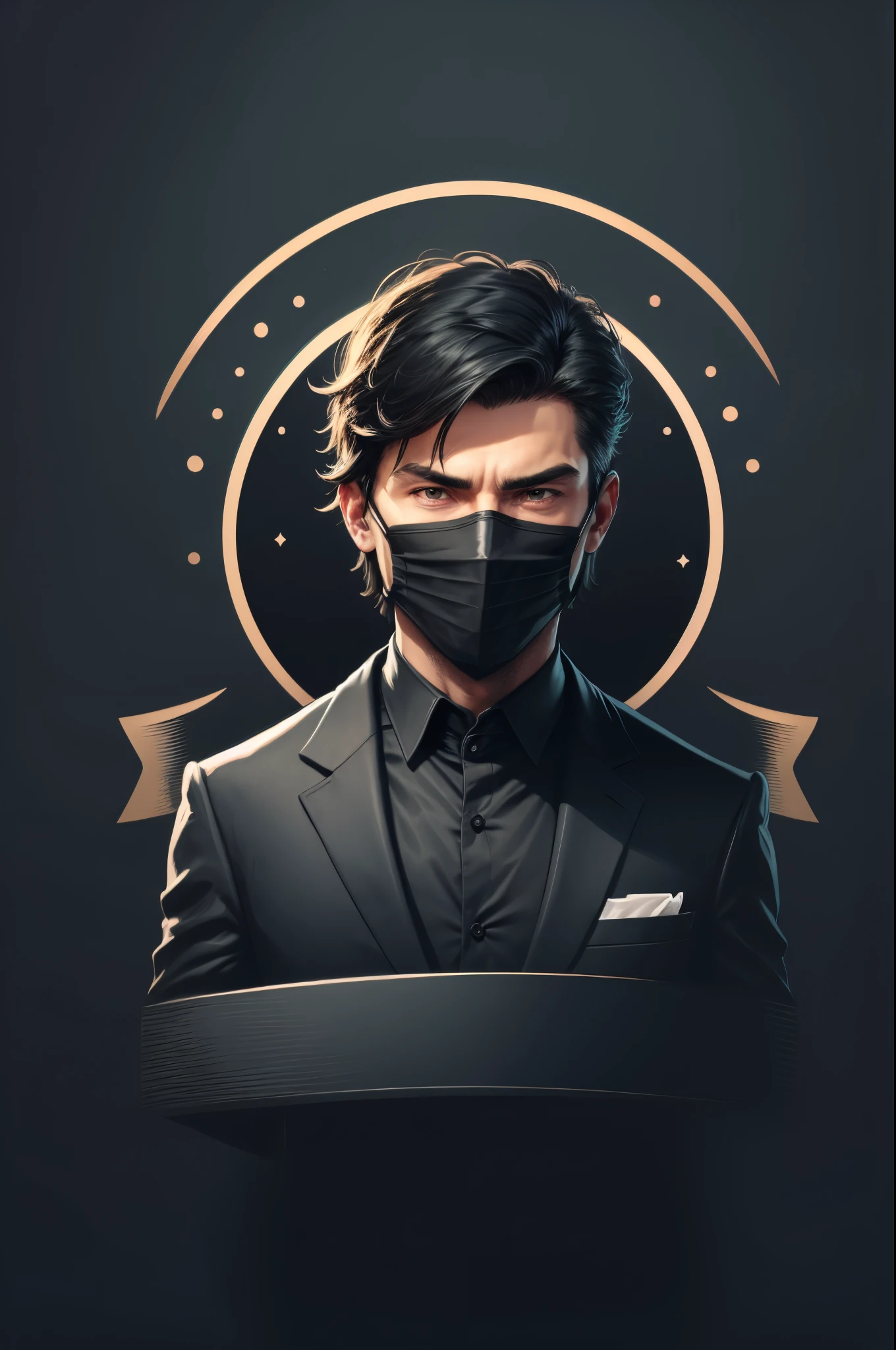 Logo, man in dark clothes and black mask