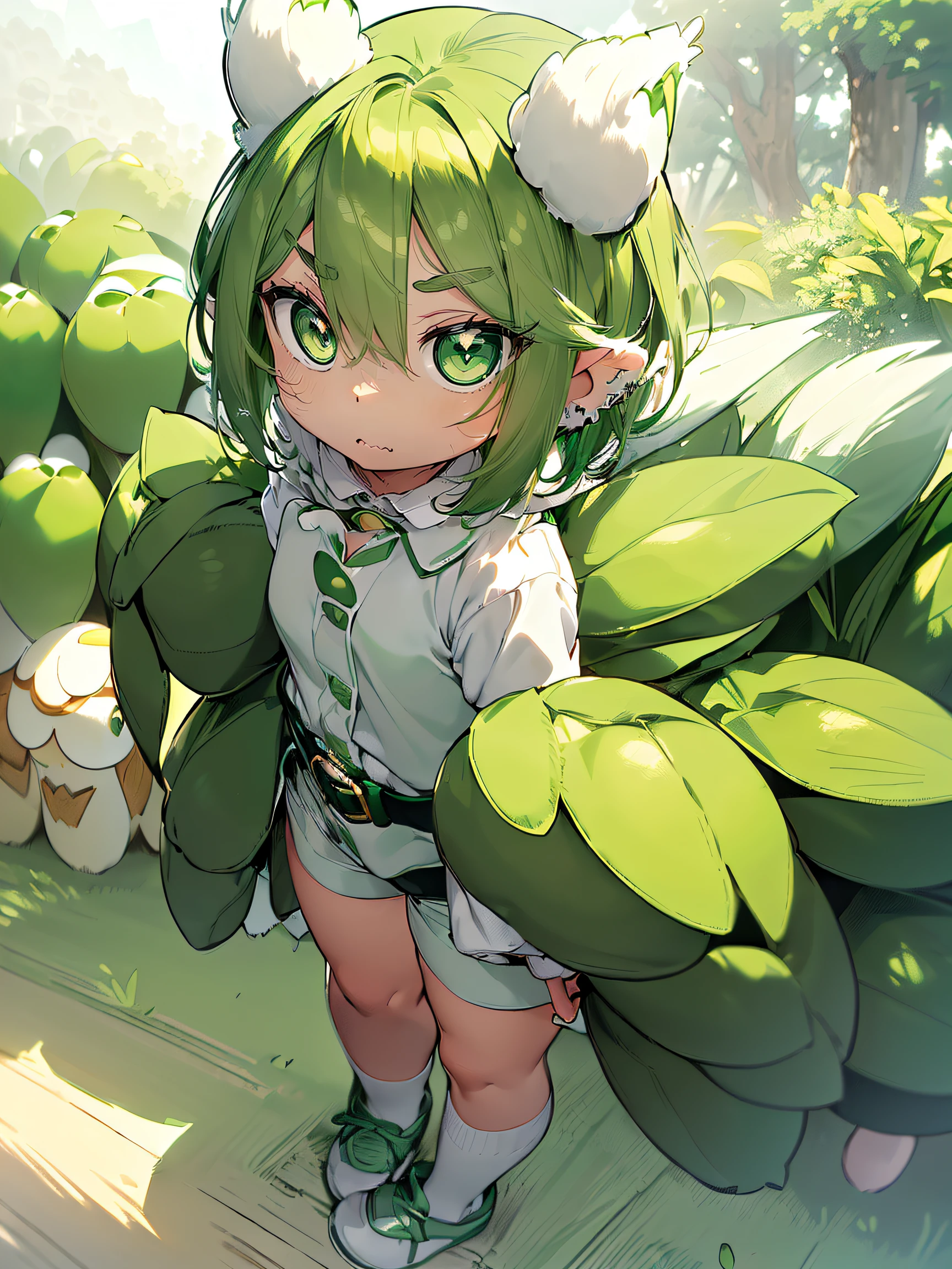 (Zundamon:1.2), (green and white fairy shape:1.4), ((round head, Big eyes, small mouth):1.5), ((Edamame ears, fluffy tail):1.2), (white shirt with green collar:1.3), (green shorts with white belt:1.3), ((White socks, Green shoes):1.2)