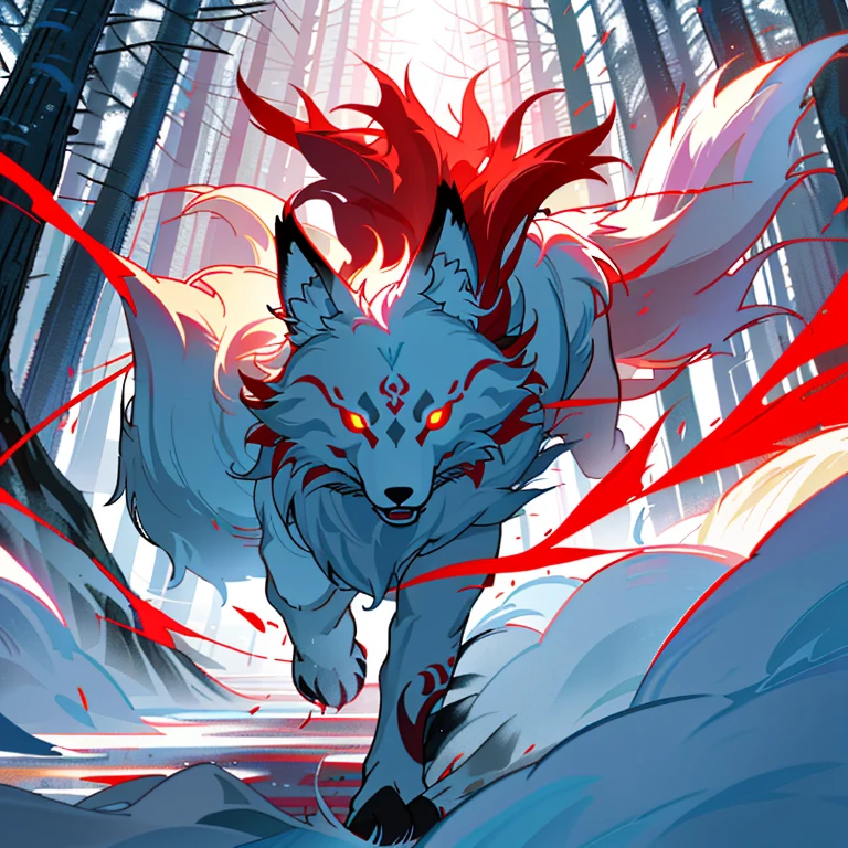Fox、Nine Tails、the tip of the tail is red、fluffy fur、Delicate fur、red eyes、Dynamism、Running through the forest、tattoo-like pattern、quadrupedal walking、Tiere、Not a person