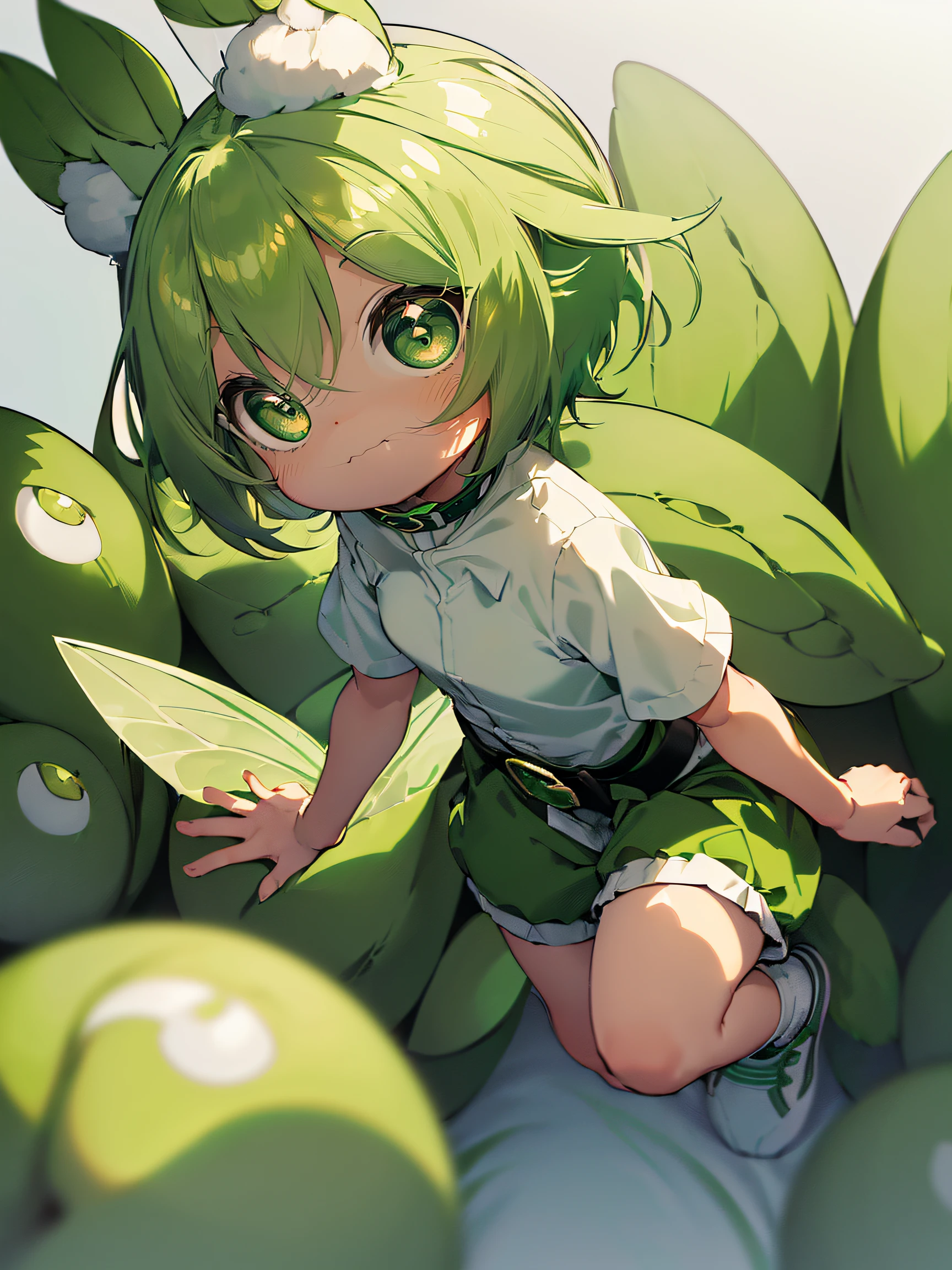 (Zundamon:1.2), (green and white fairy shape:1.4), ((round head, Big eyes, small mouth):1.5), ((Edamame ears, fluffy tail):1.2), (white shirt with green collar:1.3), (green shorts with white belt:1.3), ((White socks, Green shoes):1.2)