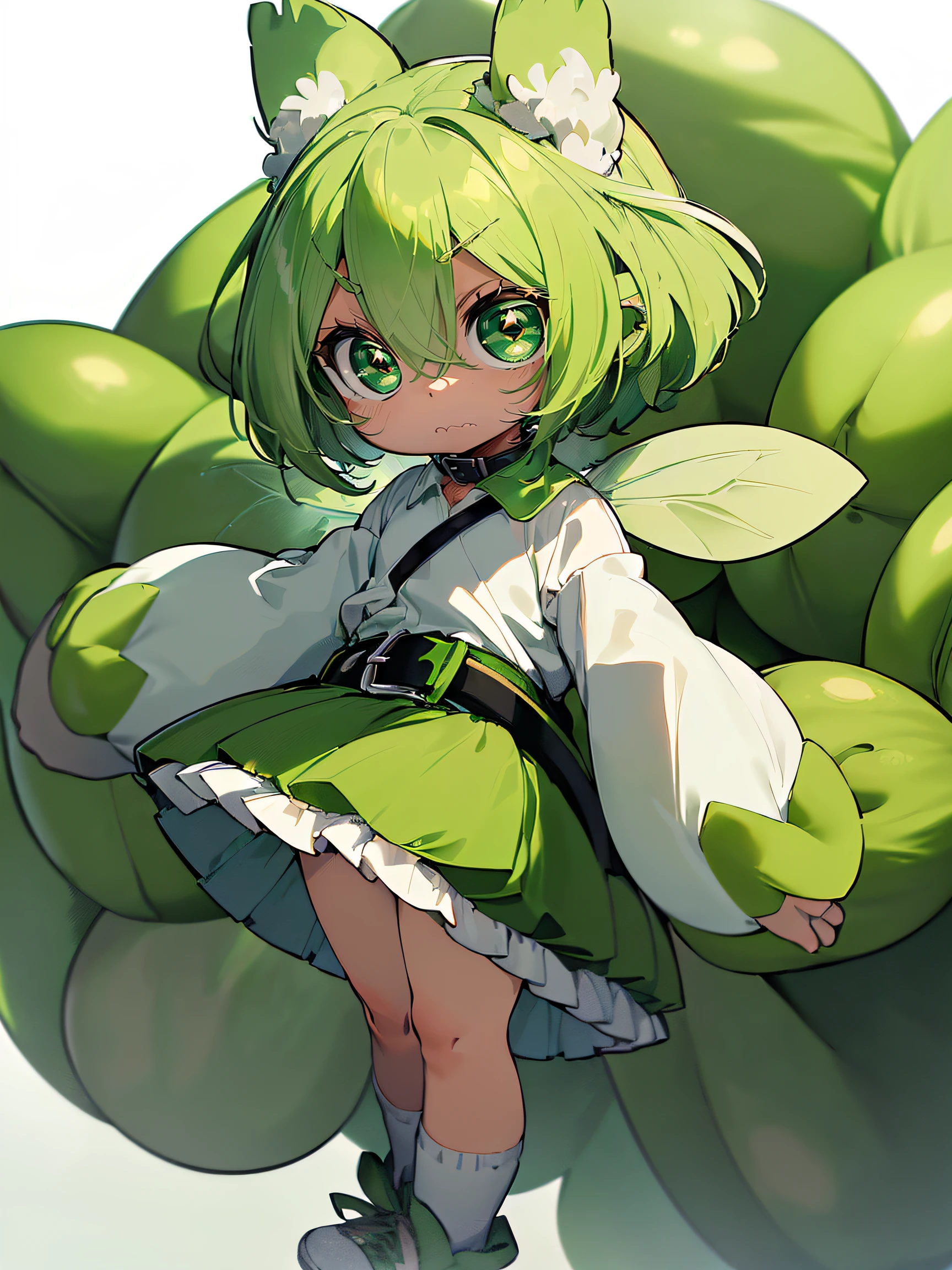 (Zundamon:1.2), (green and white fairy shape:1.4), ((round head, Big eyes, small mouth):1.5), ((Edamame ears, fluffy tail):1.2), (white shirt with green collar:1.3), (green shorts with white belt:1.3), ((White socks, Green shoes):1.2)