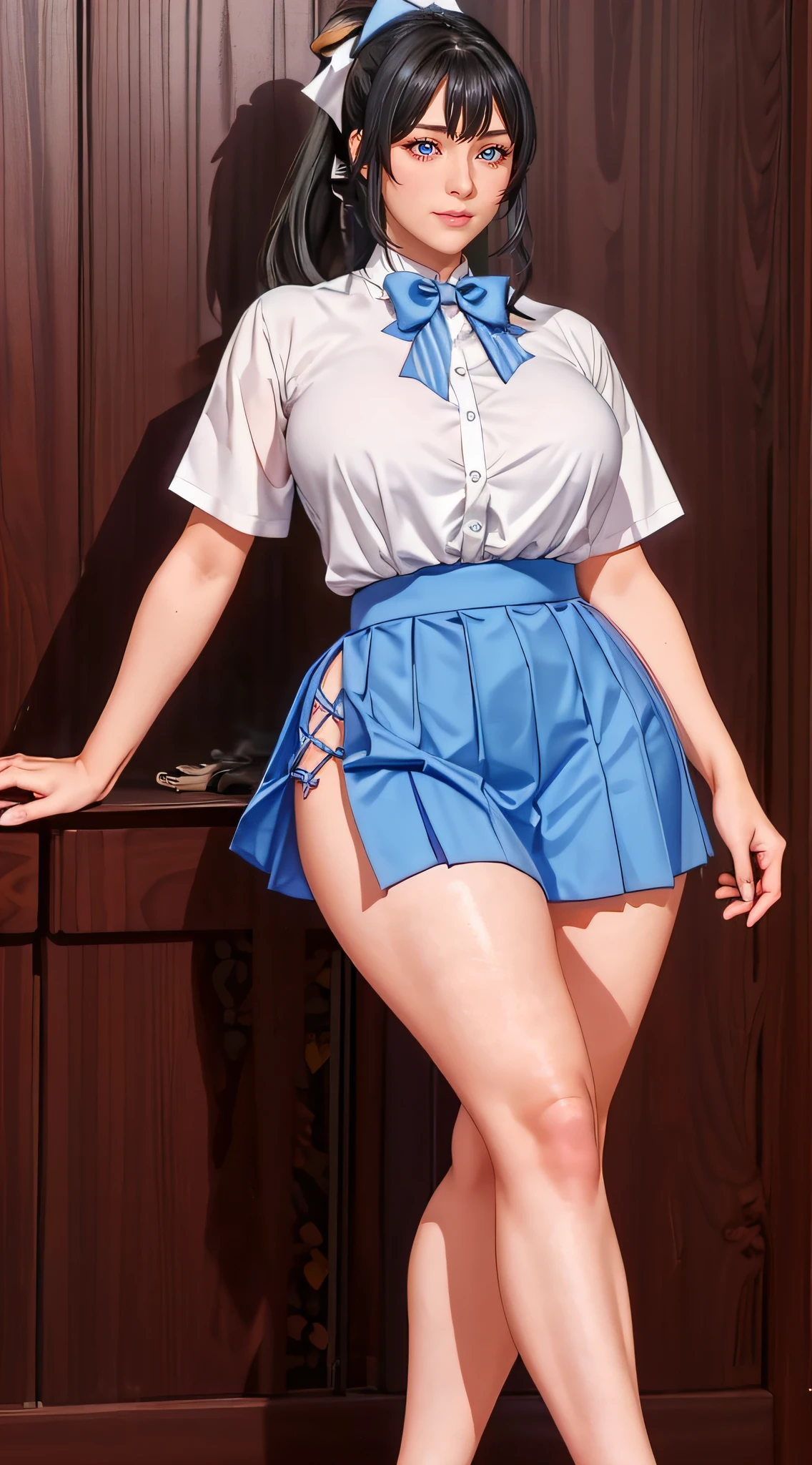 1 girl，high school girl，High-cut underwear，((Low Angle，，Sailor suit，Navy blue mini skirt，Pleated skirt，Pointy Chest，Angle of view where the ceiling is visible，Very fancy white panties，Angle of view that lets you see inside the skirt，High leg panties，pubic hair，Black knee-high tights，cameltoe))，（from below:1.9），((highest quality, wonderful,8k, masterpiece :1.3)), (Realistic, photoRealistic:1.4),（very fine and beautiful skin,Black Gal）,blonde,Very detailed,Cinema Lighting, Detailed light, Best Shadow, Dynamic Angle,Elaborate panties（High leg pants:1.1）,Super big boobs:1.6, Plump thighs, mini skirt（Pleated skirt）