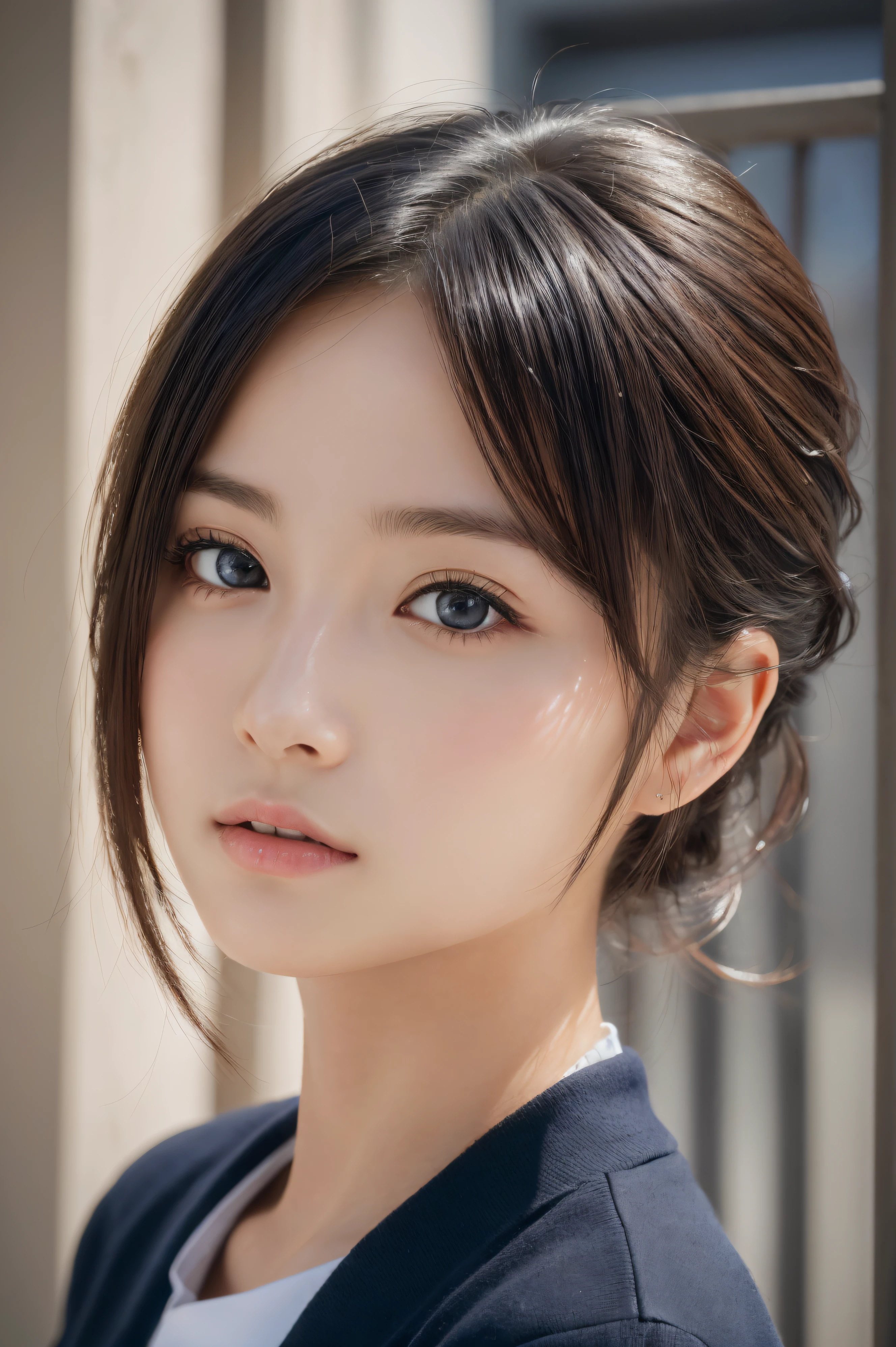 (masutepiece:1.3), (8K, Photorealistic, Raw photo, Best Quality: 1.4), Japanese, (1girl in), Beautiful face, (Realistic face), (Black hair), Beautiful hairstyle, Realistic eyes, Beautiful detailed eyes, (Realistic skin), Beautiful skin, Attractive, 超A high resolution, A hyper-realistic, Highly detailed, Golden ratio,School uniform.