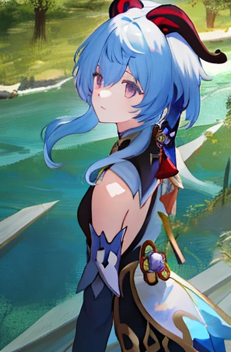 ((1girl, solo)), masterpiece, superlative, portrait, hyperdetail, illustration, close-up, gorgeous background, straight shot, blue hair, purple eyes, (focus on face), looking into the distance, forest, sun, wind, butterfly, studio lighting, horizontal axis, tree, lake, standing, ganyu \(genshin impact), double horn, bare shoulders, tights