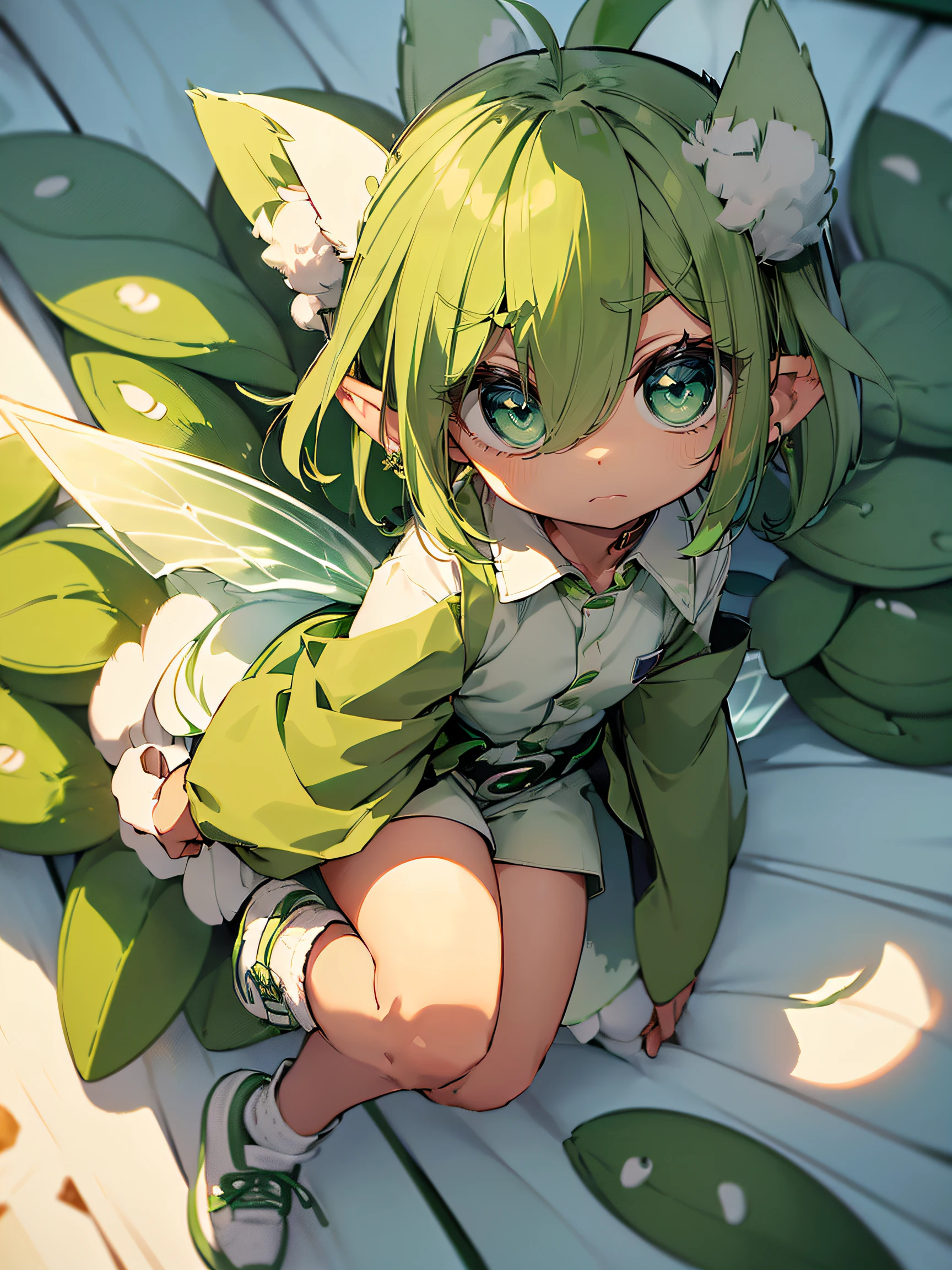 (Zundamon:1.2), (green and white fairy shape:1.4), ((round head, Big eyes, small mouth):1.5), ((Edamame ears, fluffy tail):1.2), (white shirt with green collar:1.3), (green shorts with white belt:1.3), ((White socks, Green shoes):1.2)