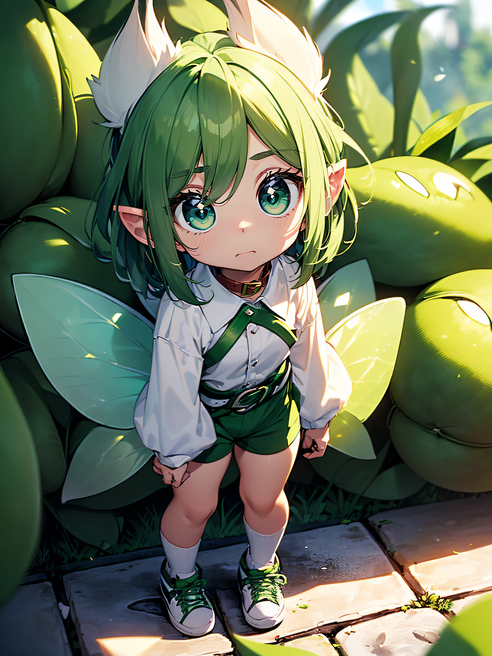 (Zundamon:1.2), (green and white fairy shape:1.4), ((round head, Big eyes, small mouth):1.5), ((Edamame ears, fluffy tail):1.2), (white shirt with green collar:1.3), (green shorts with white belt:1.3), ((White socks, Green shoes):1.2)