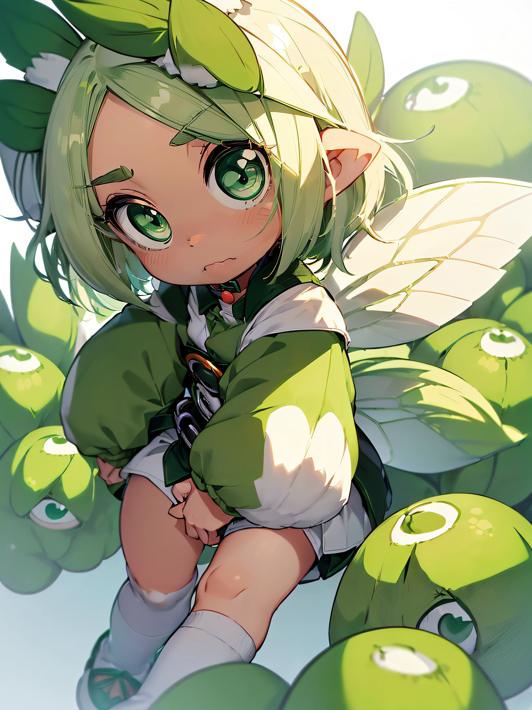 (Zundamon:1.2), (green and white fairy shape:1.4), ((round head, Big eyes, small mouth):1.5), ((Edamame ears, fluffy tail):1.2), (white shirt with green collar:1.3), (green shorts with white belt:1.3), ((White socks, Green shoes):1.2)