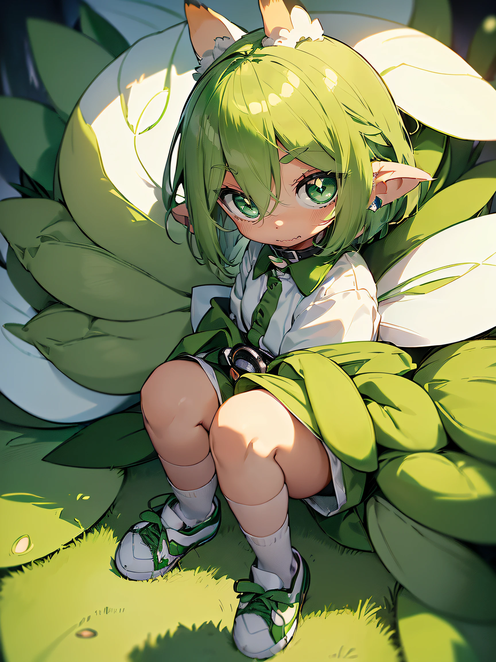 (Zundamon:1.2), (green and white fairy shape:1.4), ((round head, Big eyes, small mouth):1.5), ((Edamame ears, fluffy tail):1.2), (white shirt with green collar:1.3), (green shorts with white belt:1.3), ((White socks, Green shoes):1.2)
