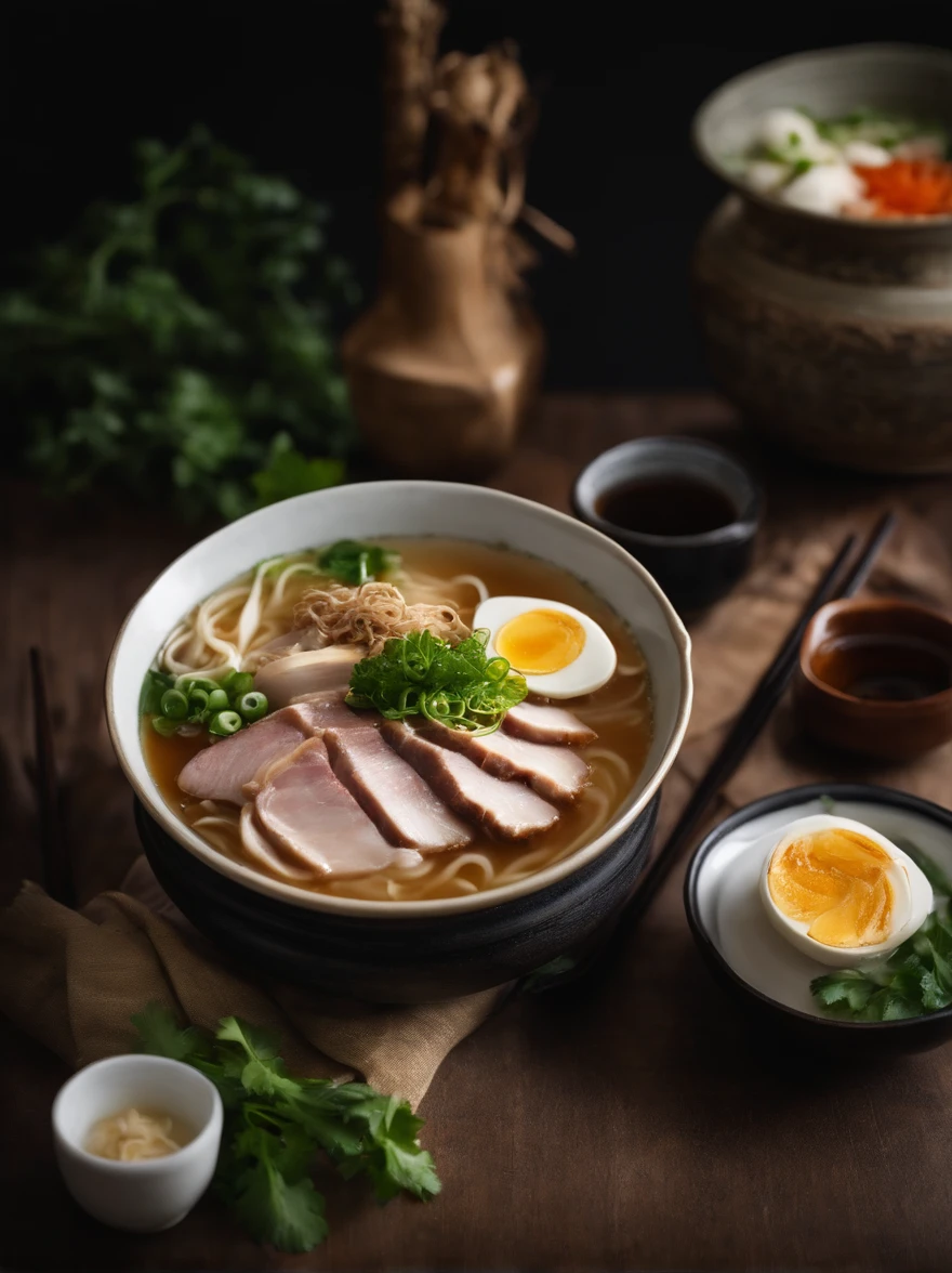 Tonkotsu ramen, light, Pork bone, garlic, ginger, pork back fat, and chicken carcasses, high quality photograpic shot