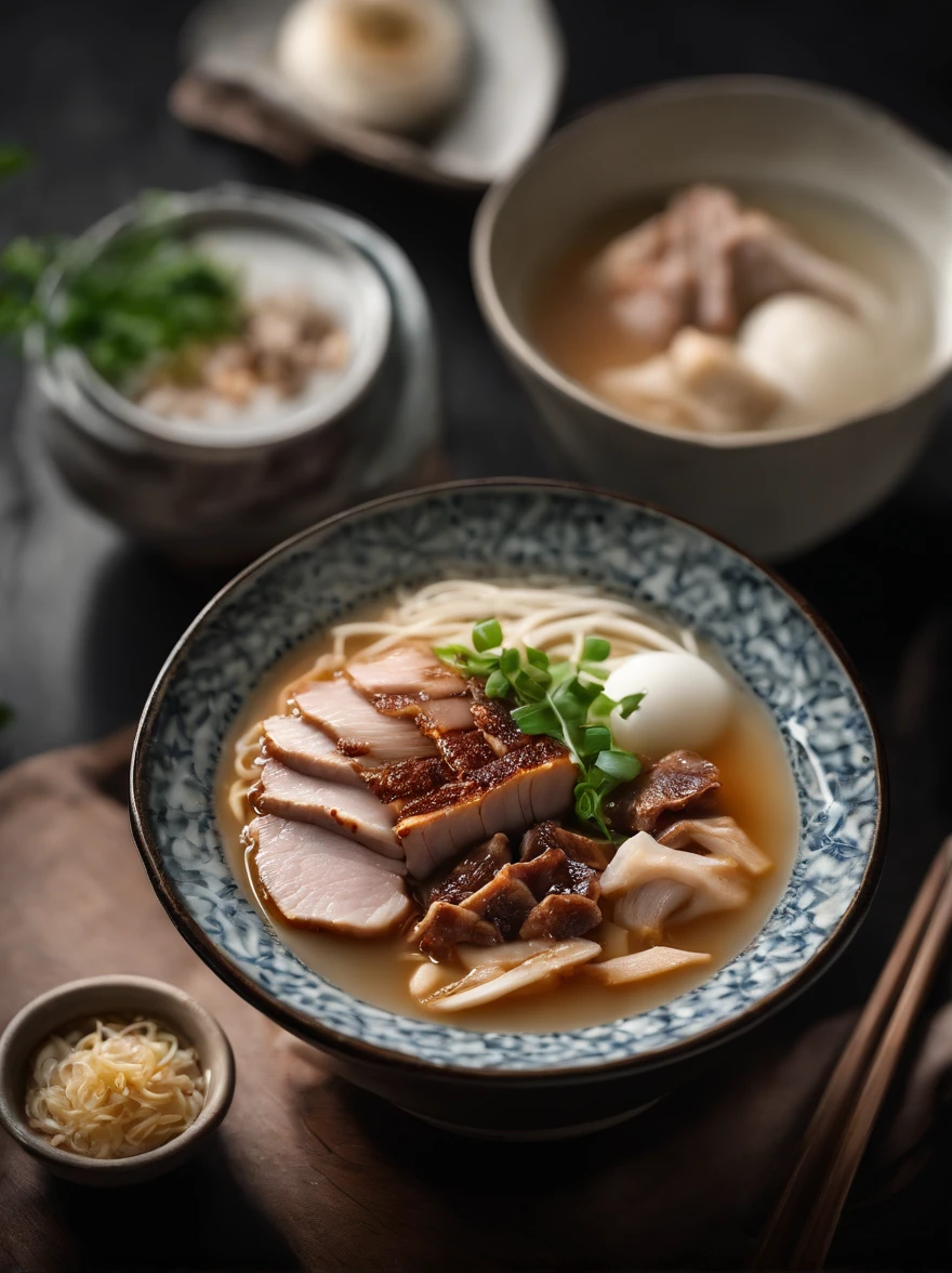 Tonkotsu ramen, light, Pork bone, garlic, ginger, pork back fat, and chicken carcasses, high quality photograpic shot