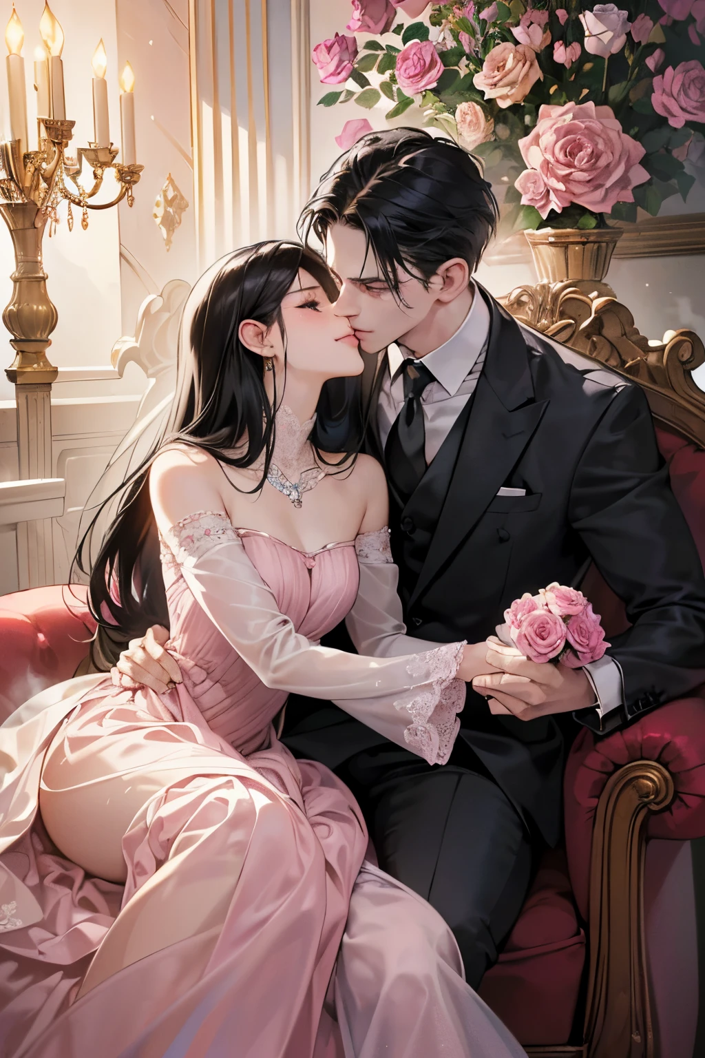 (masutepiece, Digital Art, Digital Illustration, 4K, 8K, Ultra-detailed, beautiful image, Sharp Image, Photorealistic, Raw photo, Perfect face, Perfect lines, Perfect eyes, Soft lighting) 1 woman, (Long Black Hair,straight haired,Bullish gaze,Beautie,ellegance,Mode system,Onepiece、Solid makeup,23 y-o woman,small tits:1.3),Two handsome men in suits, (ember,Men in suits,well-muscled,Firm shoulder width,Adult male,Boyish hairstyle,English gentlemanly style,Man in his 30s with a cool expression,28-year-old man with bright smile:1.2),Antique furnishings,Antique Clamps,Antique chair,chandeliers,Crystal Glass,Luxury,fantastical light,Marble fireplace,(embarrassed from,Shy smile,Bouquet of pink roses:1.2),Antique sofa,Leather sofa,Crying face,Crying in frustration,Beautiful tears、the kiss、kiss、a couple、couple kissing、Romance、