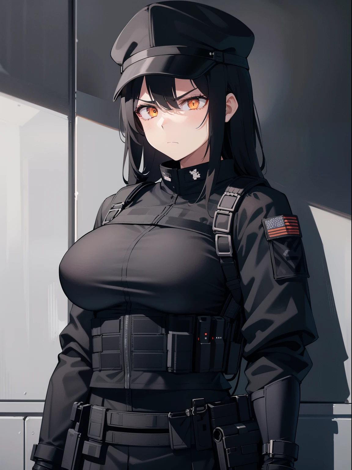 1girl, 2clones, black tactical cap, cap, tactical black railed headset, black long messy hair, black plain tshirt, armored, black shoulder pads, black tactical vest, black armor pads, black handgun holster, black tactical socks, tactical skirt, focused, orange eyes, unamused, unhappy, unimpressed, upset, shadow, big boobs