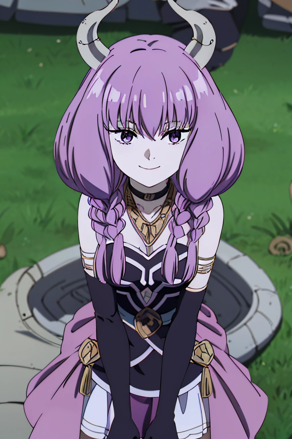 Aura the Guillotine, Long hair, (Purple eyes:1.1), Purple hair, braid, Horns, Twin braids, Skirt, thighs thighs thighs thighs, gloves, Choker, Black Gloves, elbow groves, 1girl in, Solo, Upper body, face to the viewer, Looking at Viewer, Smile,