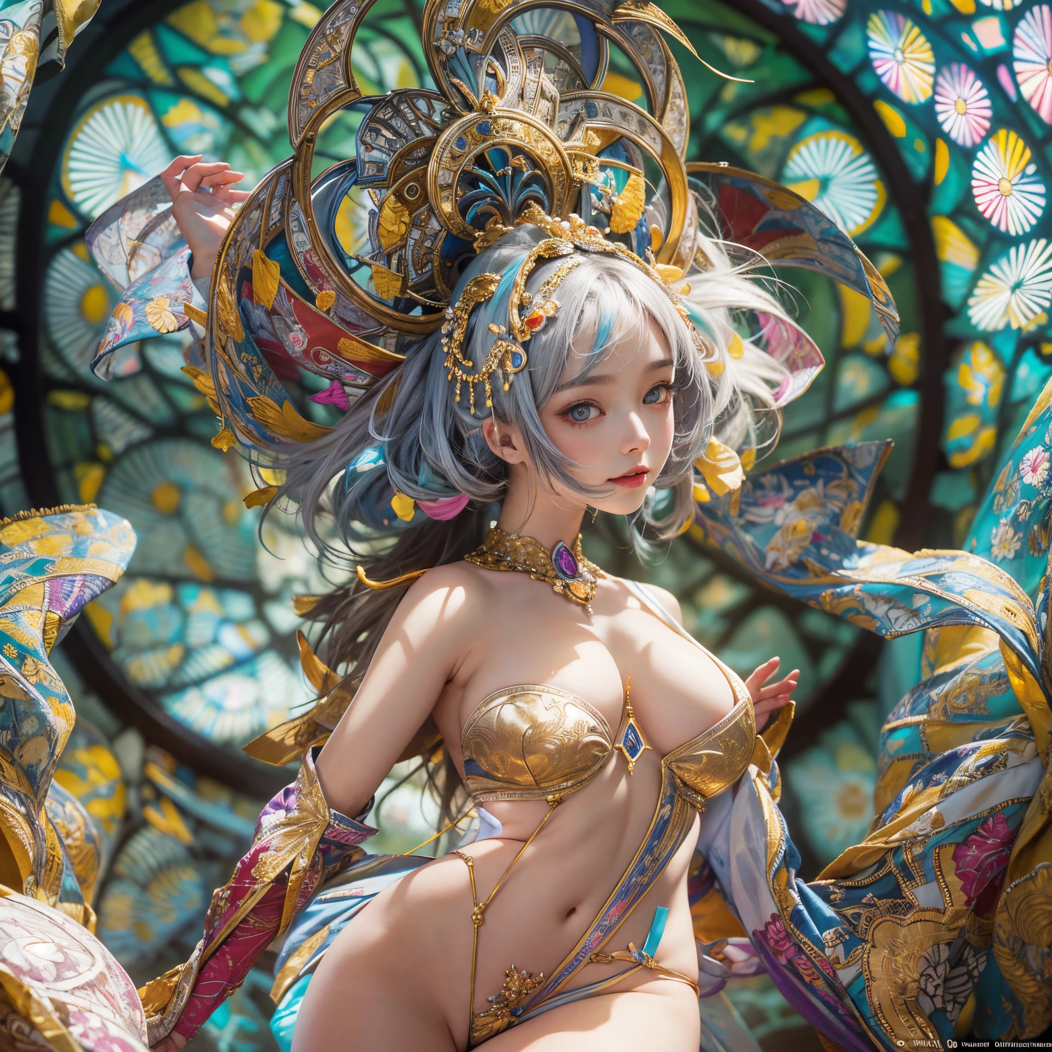 ( Masterpiece:1.25, exposed:1.2, White and vivid colors, navel),  (sexy junior idol), ((face variations)), portrayed in the best quality and high resolution. The image should be ultra-detailed, realistic, and photorealistic with a touch of rawness. back lighting, colorful Light shines through delicate stained glass. The medium can be a combination of photography and concept art. The color tone should be vibrant and vivid, enhancing the overall visual impact. (Whole Body proportions and all limbs are anatomically accurate), (nipple:-0.9) .